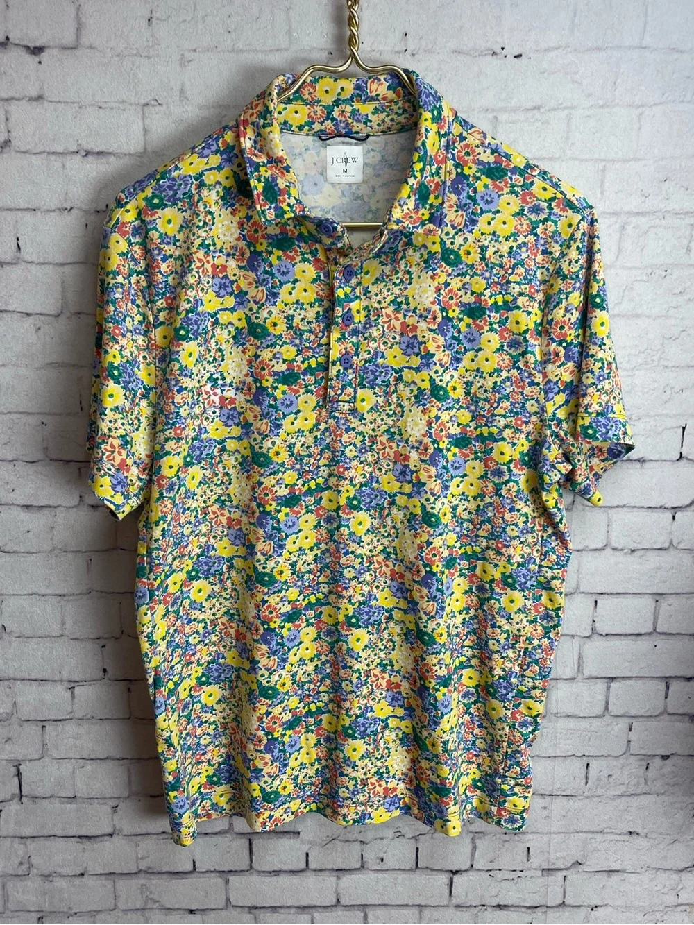 J Crew classic fit performance polo yellow and blue floral size medium